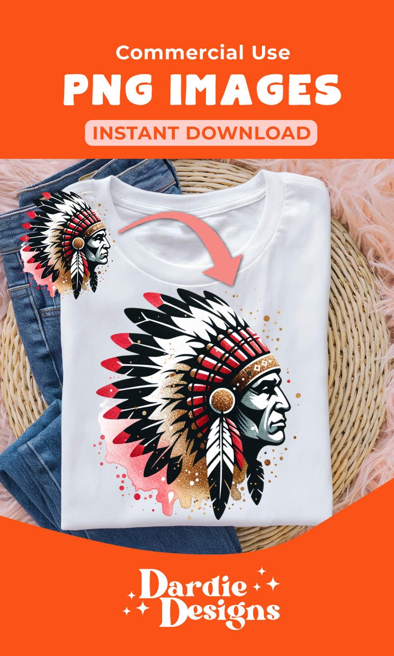 May include: A digital illustration of a Native American man wearing a headdress with feathers and a red and white design. The illustration is on a white t-shirt with a pink watercolor effect.