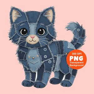 May include: A denim cat illustration with a patchwork design. The cat features a light blue and dark blue colour scheme, with a small pocket and buttons. The image includes the text "300 DPI PNG Transparent Background" in an orange circle.