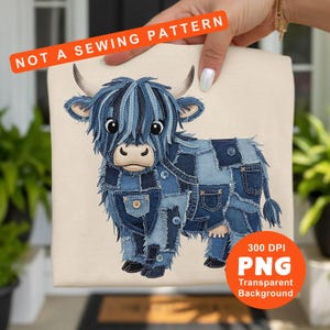 Denim Patchwork Highland Cow PNG Clipart: Cute Western Jean Sublimation Design (Digital Download)