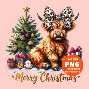 Highland Cow Wesołych Świąt PNG Boże Narodzenie Krowa Modny Projekt Sublimacji pod Trendy Clipart NATYCHMIASTOWE POBIERANIE