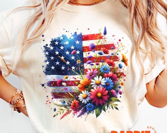Floral American Flag PNG 4th of July USA Patriotic Independence Day Sublimation Design Clipart Digital Download