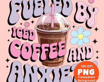 Puede incluir: Un diseño gráfico rosa y morado con el texto "Fueled by Iced Coffee and Anxiety" en una fuente retro. Un vaso de café helado con una pajita está en el centro del diseño.