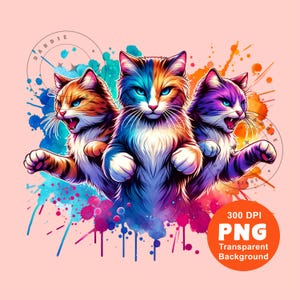 Könnte beinhalten: Eine lebendige digitale Illustration zeigt drei stilisierte Katzen mit farbenfrohem Fell und intensiven Gesichtsausdrücken. Die Katzen sind vor einem Hintergrund aus Farbspritzern in Blau-, Orange- und Lilatönen platziert. Das Bild enthält eine kreisförmige Grafik mit dem Text "300 DPI PNG Transparent Background."