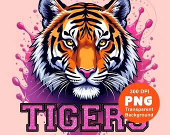 Tigers PNG Mascot Png Pink Glitter Tiger Png Football Season Png Sport Png Sublimation Design Trending T-Shirt Design DTF Digital Download