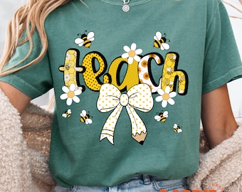 Bumblebee Teacher PNG Preppy Yellow Floral Gingham Coquette Flowers Trendy Tshirt Sublimation Design Clipart Digital Download