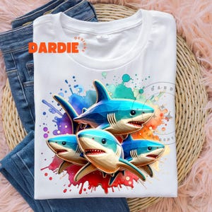 Cute 3d Sharks PNG Colorful Watercolor Shark Sublimation Design Trending Clipart Digital Download