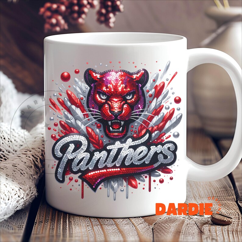 May include: White ceramic coffee mug with a red and silver graphic of a panther with the word "Panthers" in red and silver glitter.