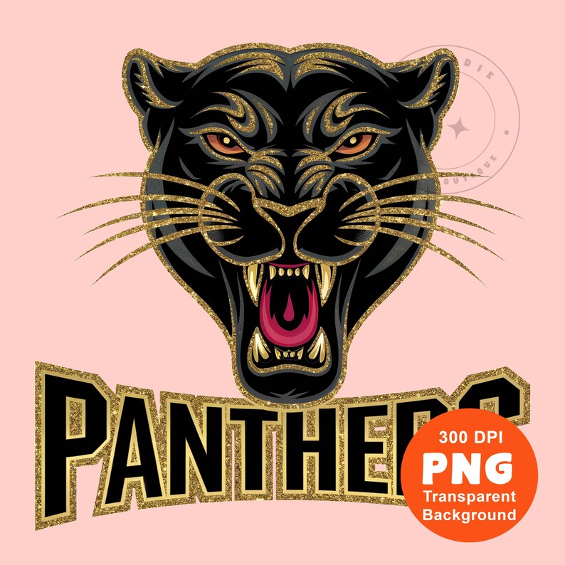 Pode incluir: Uma pantera negra com detalhes em glitter dourado, rugindo com a boca aberta. A palavra "PANTHERS" est&aacute; escrita em letras douradas com glitter e contornos pretos. O texto "300 DPI PNG Fundo transparente" est&aacute; no canto inferior direito.