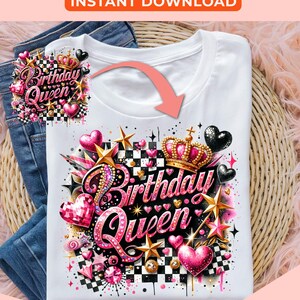 May include: A white t-shirt with a pink, gold, and black graphic design featuring the text "Birthday Queen" surrounded by hearts, stars, and a crown.