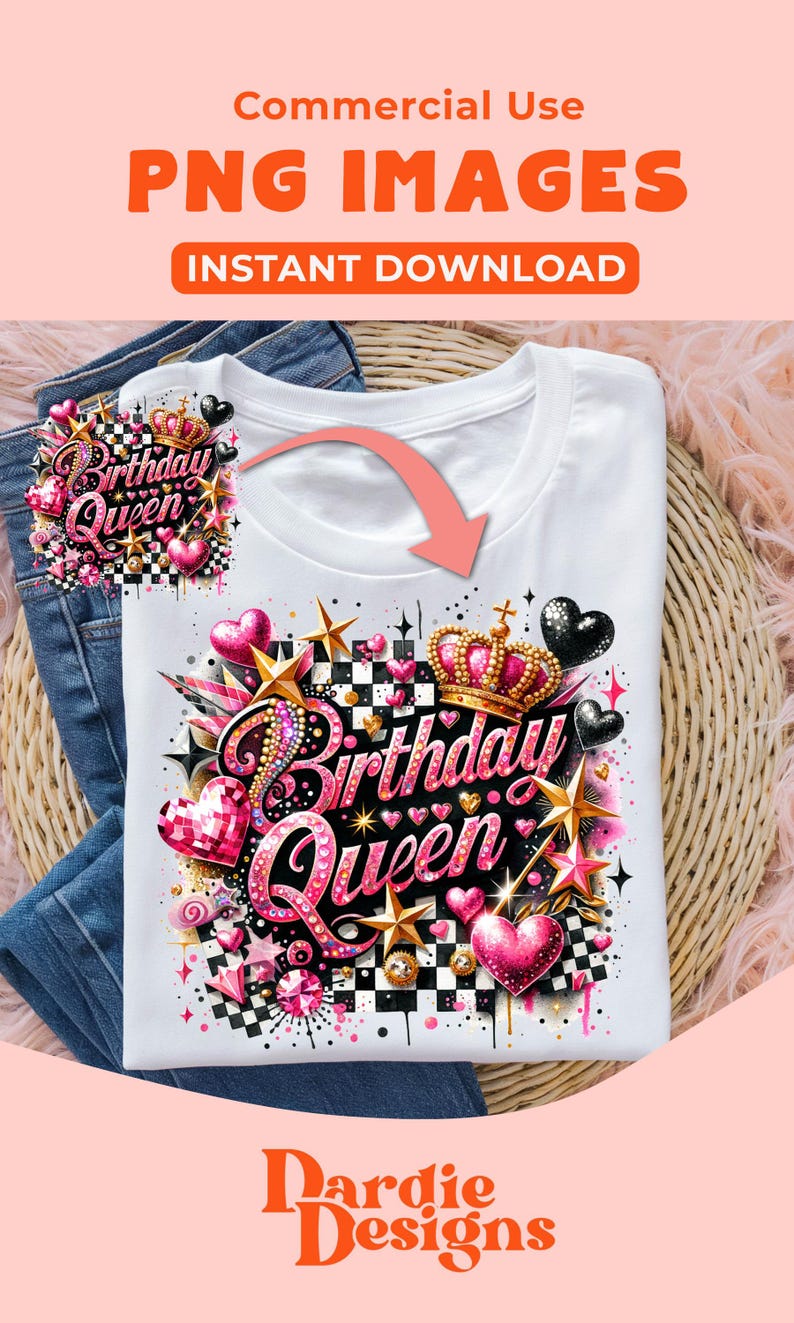 May include: A white t-shirt with a pink, gold, and black graphic design featuring the text "Birthday Queen" surrounded by hearts, stars, and a crown.