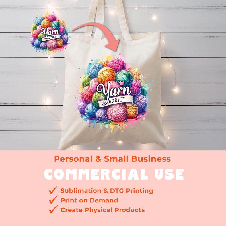 May include: A cream-colored tote bag featuring a colorful graphic of yarn balls in shades of pink, blue, yellow, and purple. The words "Yarn Addict" are written in a cursive font. The bag is designed for commercial use.