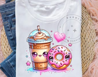 Kawaii Coffee and Donut Png Iced Coffee Png Latte Png valentine png Shirt Design Sublimation Digital Download