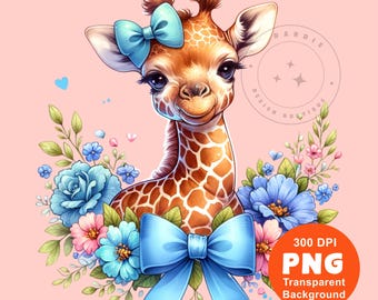 Blue Baby Giraffe PNG Watercolor Floral Giraffe Lover Giraffe Tshirt Design pod dtf Sublimation design Digital Download clipart