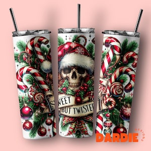 May include: Three white stainless steel tumblers with black straws. Each tumbler features a Christmas-themed design with candy canes, ornaments, and a skull wearing a Santa hat. The text on the center tumbler reads "Sweet But Twisted."