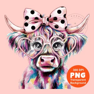 Coquette Highland Cow PNG Cute Girly Cow with Bow and Heart Shaped Glasses Trendy Sublimation Design Trending Clipart Digital Download