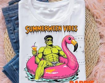 Summerween Vives PNG, Flamingo Halloween Skeleton Float, Spooky Summer Vacation Design, Funny Skeleton Clipart, Creepy Cute Goth Sublimation