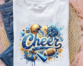 Blue Cheer PNG, Glitter Football PNG, Game Day Cheerleader, Cheer Shirt PNG, Sublimation Design, Trending Clipart Digital Download