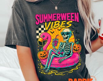 Summerween PNG, Flamingo Halloween Skeleton Float, Spooky Summer Vacation Design, Funny Skeleton Clipart, Creepy Cute Goth Sublimation