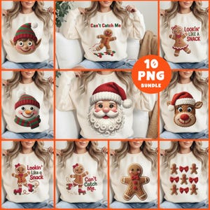 Op de afbeelding: Een verzameling van tien crèmekleurige sweatshirts met verschillende kerstthema's. De ontwerpen omvatten een elf, een peperkoekmannetje op een skateboard, een sneeuwpop, de kerstman, een rendier en peperkoekenmannetjes met de tekst "Lookin' Like a Snack" en "Can't Catch Me."
