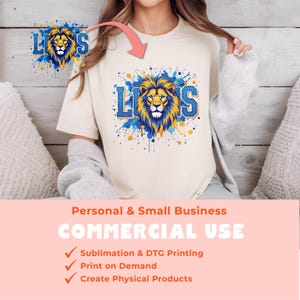 May include: A white t-shirt with a blue and yellow lion graphic and the word "LIOS" printed on it. The graphic is surrounded by blue and yellow paint splatters. The t-shirt is a sublimation print design for commercial use.
