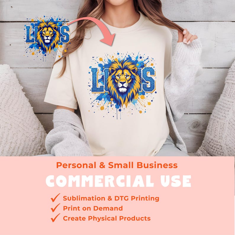 May include: A white t-shirt with a blue and yellow lion graphic and the word "LIOS" printed on it. The graphic is surrounded by blue and yellow paint splatters. The t-shirt is a sublimation print design for commercial use.