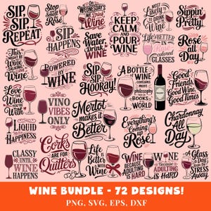 72 wijncitaten ontwerpbundel, wijn SVG, wijn PNG-bundel, wijnglas Svg, drinken SVG-bundel, wijnspreuken, pittige wijn sublimatie Clipart