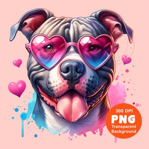 May include: A digital illustration of a pit bull wearing pink heart-shaped sunglasses with a pink tongue sticking out. The background is a pink watercolor wash with blue and pink splatters.