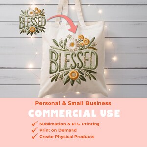 May include: Cream-colored tote bag with a floral "Blessed" design. The design features green embroidered lettering and floral accents in white and yellow. The bag has two handles and is made of a sturdy fabric.