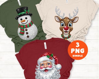 Retro Rhinestone Christmas PNG Bundle: Sparkle Bling Santa, Rudolph, Snowman Sublimation Design Clipart (Digital Download)