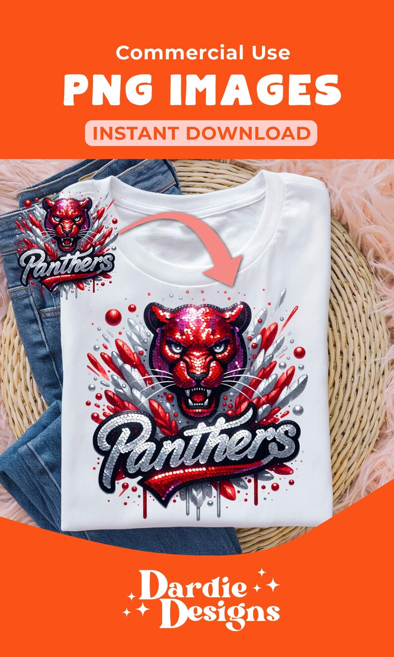 May include: A white t-shirt with a red and silver sequined panther graphic and the word "Panthers" in a glittery font. The graphic is surrounded by red and silver glitter and the word "Panthers" is dripping with silver glitter. The t-shirt is on a wicker basket and a pair of blue jeans.