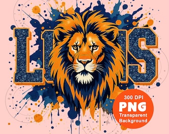 Lions Logo Clipart PNG Bling Glitter Lion School Spirit Tshirt Design Sublimation File Trending Sports Team Digital Download