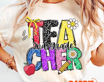 Maestra de segundo grado preppy PNG, segundo grado, camiseta de escuela primaria colorida y brillante, diseño de sublimación, clipart, descarga digital