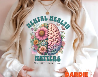Mental Health Matters PNG Mental Health Awareness Png, Flowers & Brain, School Counselor, Therapist, Inspirational, Sublimation PNG Design