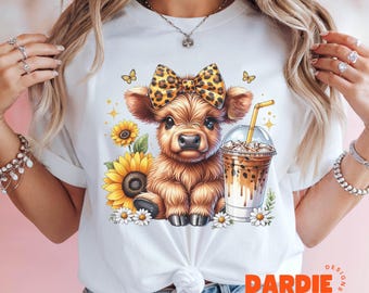 Sunflower Highland Cow PNG Iced Coffee Png Coquette Leopard Print Cute Cow Png Sublimation Design Clipart Digital Download