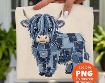 Denim Patchwork Highland Cow PNG Clipart: Cute Western Jean Sublimation Design (Digital Download)