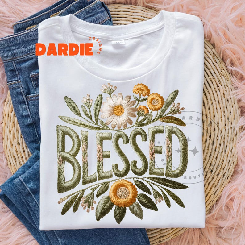 May include: White t-shirt with the word "BLESSED" embroidered in olive green, surrounded by floral embroidery in shades of cream, yellow, and green. The shirt is folded on top of blue jeans.