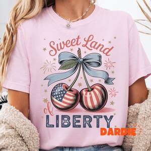 Sweet Land Of Liberty PNG Cherries Patriotic America Red White Blue 4th of July Independence Day Tshirt Sublimation Design Clipart