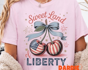 Sweet Land Of Liberty PNG Cherries Patriotic America Red White Blue 4th of July Independence Day Tshirt Sublimation Design Clipart