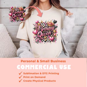 May include: A white t-shirt with a pink and black graphic design featuring the text "Birthday Queen" with a crown, hearts, and stars. The design is perfect for a birthday celebration.