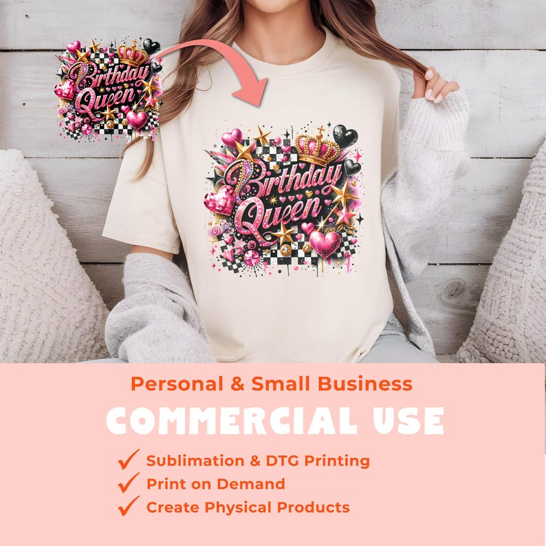 May include: A white t-shirt with a pink and black graphic design featuring the text "Birthday Queen" with a crown, hearts, and stars. The design is perfect for a birthday celebration.