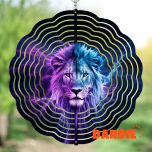 May include: A metal wind spinner with a purple and blue lion design. The lion's mane is flowing in the wind. The wind spinner is circular and has multiple layers. The background is a dark blue with purple lightning bolts.
