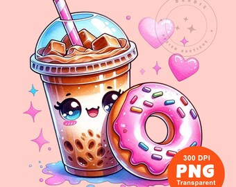 Kawaii Coffee and Donut Png Iced Coffee Png Latte Png valentine png Shirt Design Sublimation Digital Download