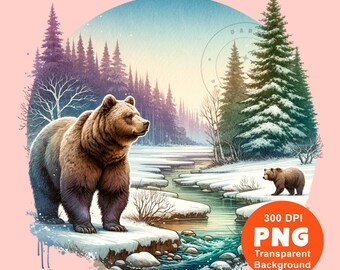 May include: A brown bear stands on a snowy riverbank in a winter forest scene. The bear is looking to the right, and there is a smaller bear in the background. The scene is painted in a watercolor style.