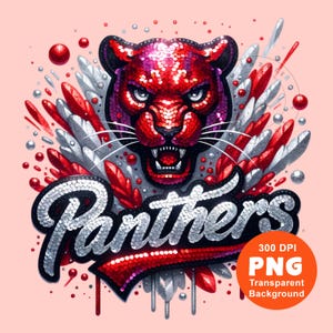 May include: A red and silver sequined graphic of a panther with an open mouth and the word "Panthers" in silver sequins. The graphic is surrounded by red and silver sequins and a pink background.