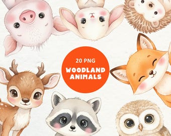 Imágenes prediseñadas de animales del bosque (PNG): Lindos animales del bosque en acuarela para bebés, decoración bohemia para guardería (PNG) (Descarga instantánea de archivos digitales)