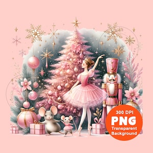 Puede incluir: Ilustración caprichosa con un árbol de Navidad rosa, una bailarina con tutú rosa, un cascanueces y dos ratones. La escena está decorada con adornos, copos de nieve y cajas de regalo, todo en tonos rosa y dorado. Incluye el texto "300 DPI PNG Fondo Transparente".