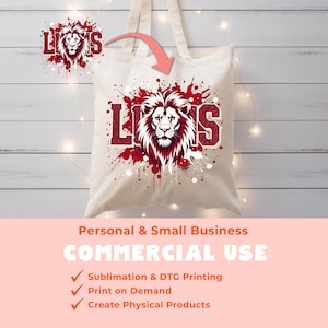 May include: A cream-colored tote bag featuring a maroon and white lion graphic with the word "LIONS". The design includes a lion's head and a splash effect. The bag has two handles for carrying.