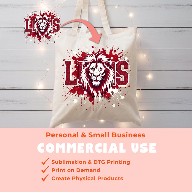 May include: A cream-colored tote bag featuring a maroon and white lion graphic with the word "LIONS". The design includes a lion's head and a splash effect. The bag has two handles for carrying.