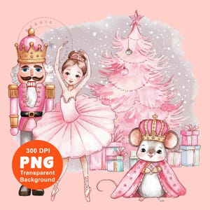 May include: Watercolor illustration featuring a pink Christmas tree, a ballerina, a nutcracker, and a mouse wearing a crown and cape. The image has a transparent background and is labeled 300 DPI PNG.