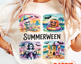 Summerween PNG, Retro Horror Beach Vibes Design, Funny Summer Halloween Shirt PNG, Trendy Halloween Vibes Sublimation Clipart